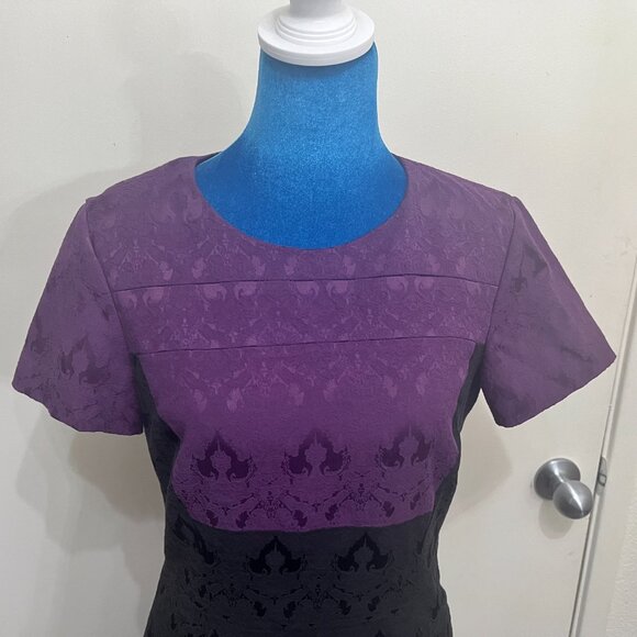 Badgley Mischka Belle Jacquard Colorblock striped dress Short Sleeve Purple 6 - Picture 4 of 12